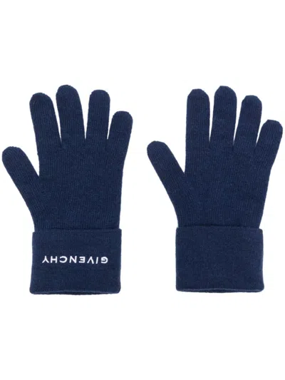 Givenchy Intarsia-knit Logo Gloves In Blue