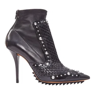Pre-owned Givenchy Iron Line Basketweave Leather Silver Studs Pointy Ankle Booties Eu38 In Black