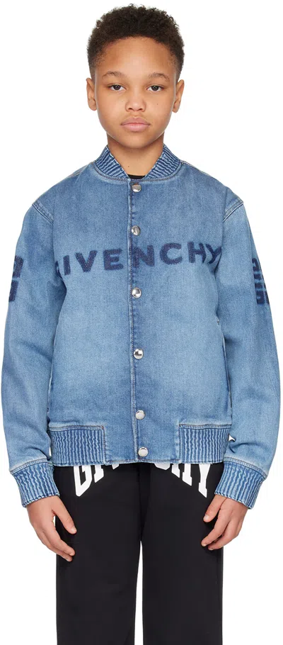 Givenchy Kids Blue Faded Denim Bomber Jacket In Z03 Double Stone