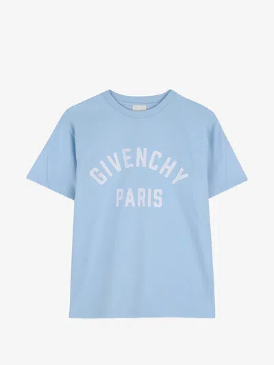 Givenchy Kids Boy Crew Neck T-shirt With Embroidered Logo In 100% Cotton In Blue
