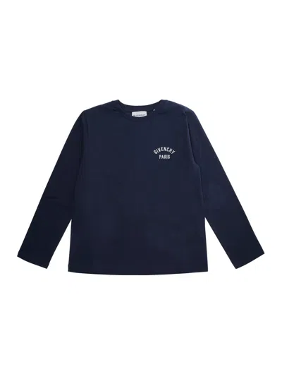 Givenchy Kids Boys Crew Neck Long Sleeve T-shirt With Embroidered Chest Logo, 100% Cotton In Blue