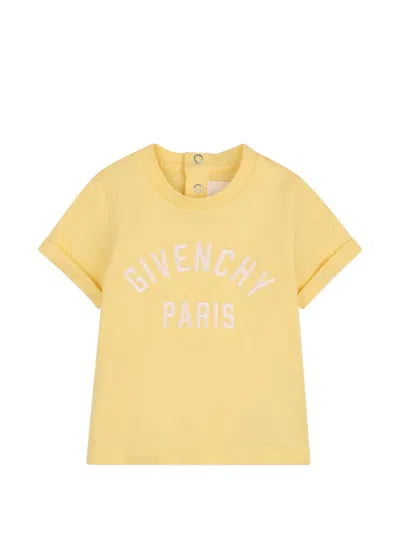 Givenchy Kids Kids' Embroidered Logo Neck T-shirt With Snap Button Closure In Yellow