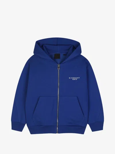 Givenchy Kids Kids Full-zip Hoodie With Chest & Back Logo Print, Front Pockets In Blue