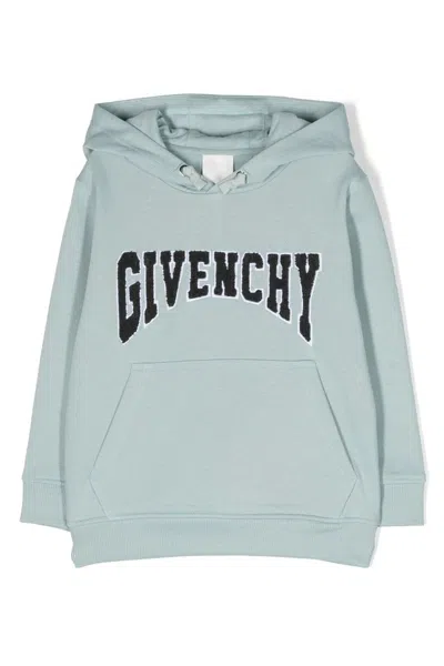 Givenchy Kids Logo Flocked Drawstring Hoodie In Blue