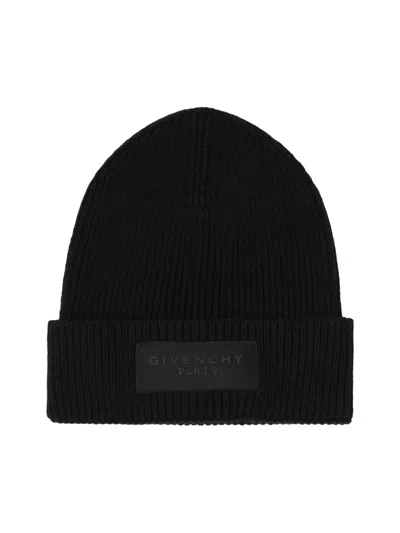 Givenchy Kids Kids Ribbed Knit Logo Patch Beanie With Turn-up Brim In Nero