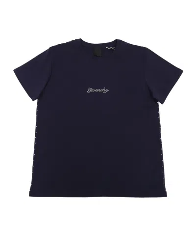 Givenchy Kids Logo Embellished Crewneck T-shirt In Blue