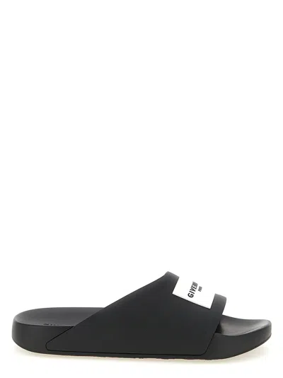 Givenchy Black Sandals With Wide Band And Contrasting Logo Patch In Rubber Man