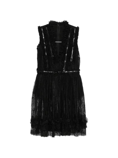 Pre-owned Givenchy Lace-trimmed Ruffled Mini Dress In Black