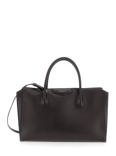Givenchy Large Antigonia Catchall Handbag In Glossy Calfskin With Pentagonal Appliqué In Brown