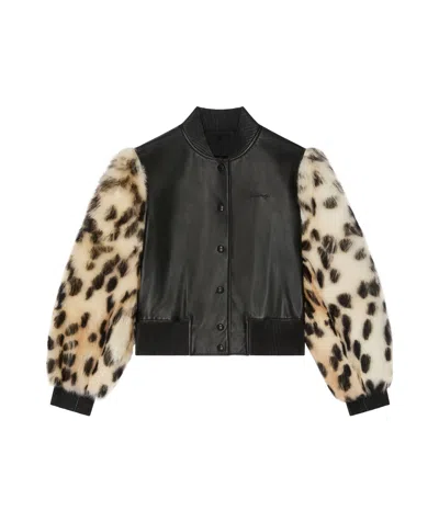 Givenchy Varsity Jacket In Leather And Leopard Print Fur In Black