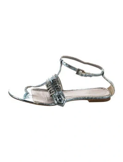 Pre-owned Givenchy Leather Animal Print T-strap Sandals In Blue/silver