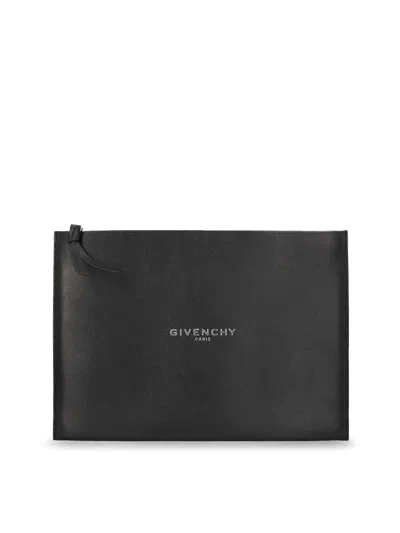 Givenchy Leather Clutch Bag With Front Lettering Logo In Black