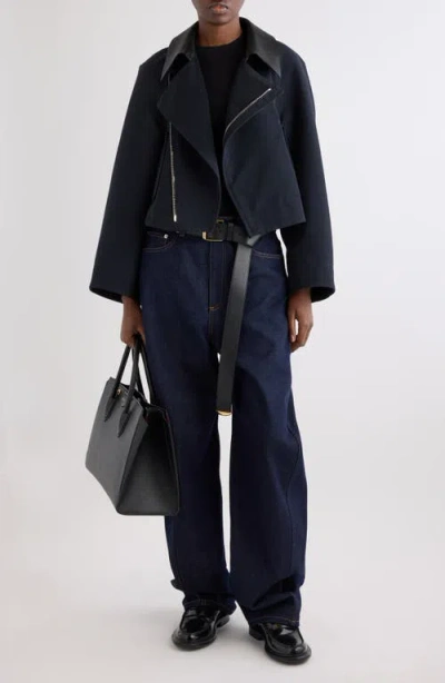 Givenchy Leather Collar Gabardine Crop Trench Jacket In Blue