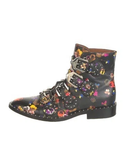 Pre-owned Givenchy Leather Floral Print Boots In Black