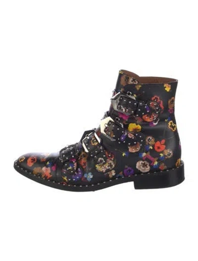 Pre-owned Givenchy Leather Floral Print Combat Boots In Blue