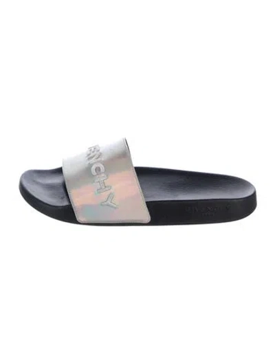 Pre-owned Givenchy Leather Graphic Print Slides In Metallic/silver