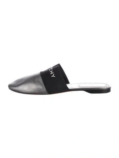 Pre-owned Givenchy Leather Grosgrain Trim Mules In Grey/metallic