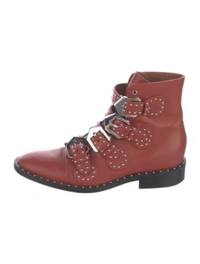 Pre-owned Givenchy Leather Studded Accents Combat Boots In Red