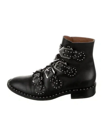 Pre-owned Givenchy Leather Studded Accents Moto Boots In Black