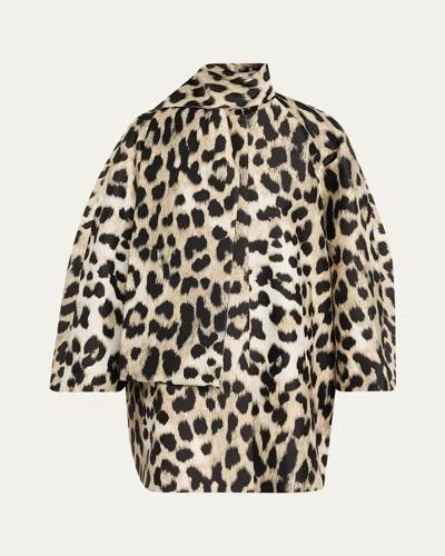 Givenchy Leopard Jacquard Short Cocoon Coat With Scarf In Beige