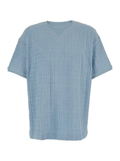 Givenchy Light Blue Crewneck T-shirt With All-over 4g Motif In Cotton Blend Man In Azzurro