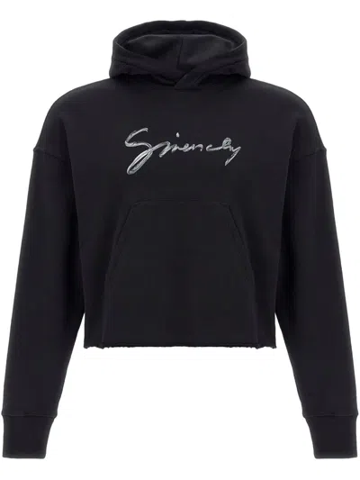 Givenchy Logo Cotton Cropped Hoodie In Black