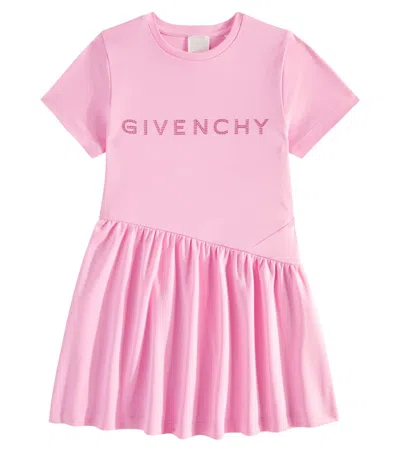 Givenchy Kids' Logo Embellished Gathered Cotton Dress In Pink