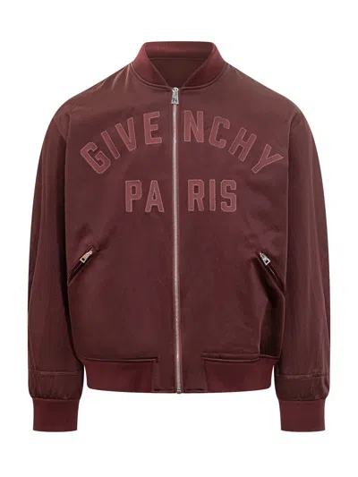 Givenchy Logo Embroidered Bomber Jacket In Burgundy