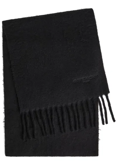Givenchy Logo-embroidered Fringed Alpaca-blend Scarf In Black
