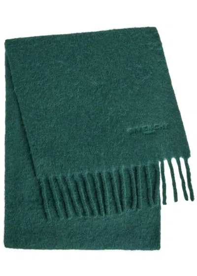 Givenchy Logo-embroidered Fringed Alpaca-blend Scarf In Green