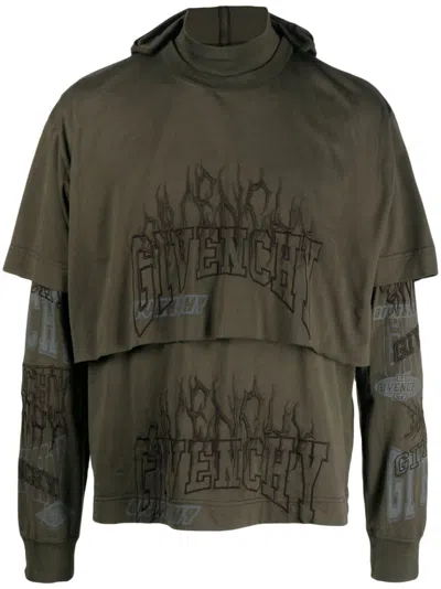 Givenchy Logo-embroidered Layered Cotton Hoodie In Green