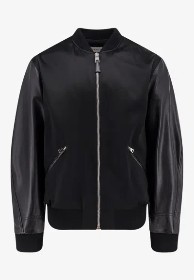 GIVENCHY LOGO EMBROIDERED LEATHER AND SATIN BOMBER JACKET