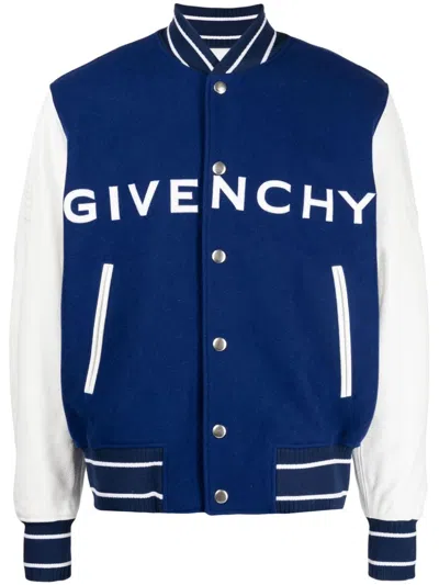 Givenchy Logo-embroidered Two-tone Bomber Jacket In Blue