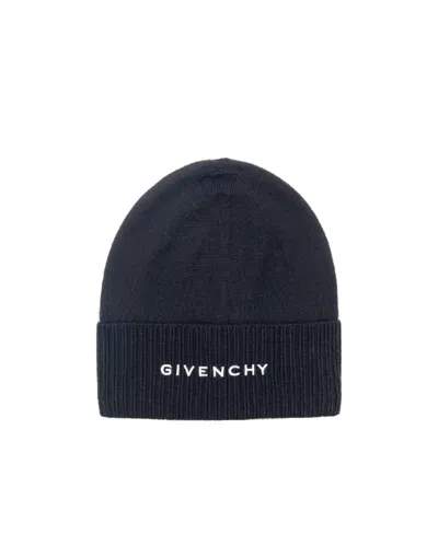Givenchy Logo Embroidery Wool Hat In Blue