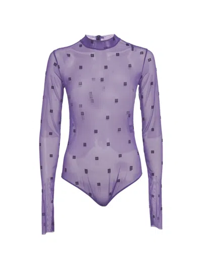 Pre-owned Givenchy Logo Mesh Bodysuit In Purple