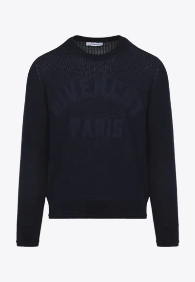 Givenchy Dark Navy Round Neck Logo Sweater In Blue