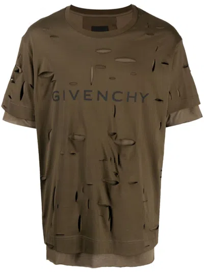 Givenchy Logo-print Distressed Cotton T-shirt In Green