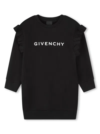Givenchy Kids' Logo-print Ruffle-trim Dress In Black