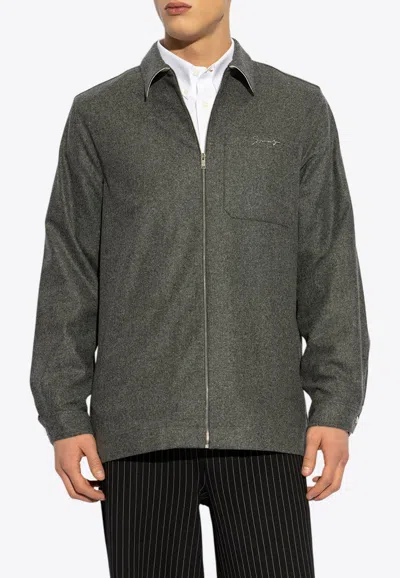 Givenchy Logo Signature Zip-up Wool Shirt In Gray