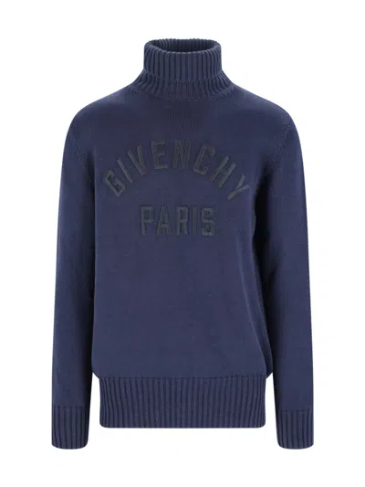 Givenchy Turtleneck Sweater In Cotton With Paris Embroidery Clothing In Blue