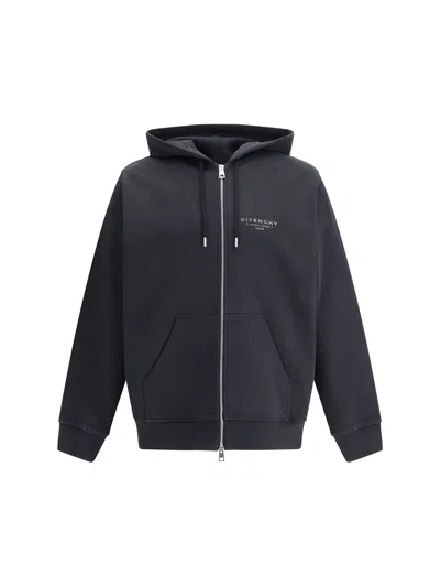 Givenchy Logo Stamp Zip-up Hooded Sweatshirt In Black