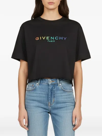 Pre-owned Givenchy Logo-embroidered Cropped T-shirt In Black