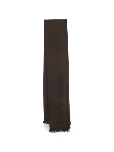 Pre-owned Givenchy Logo-jacquard Fringed Scarf In Brown