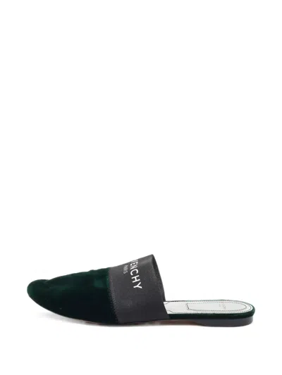 Pre-owned Givenchy Logo-strap Velvet Flat Mules In Green