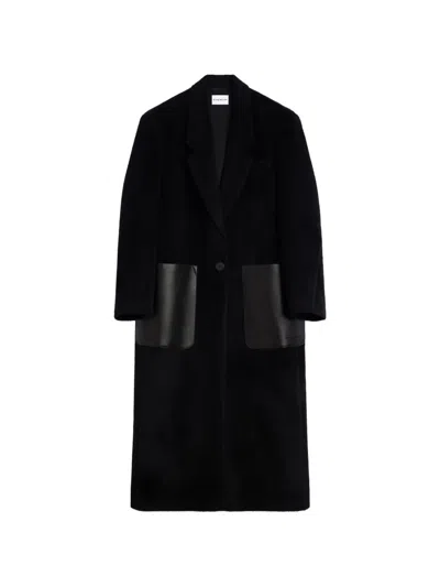 Givenchy Long Coat In Hairy Wool With Leather Pockets In Black