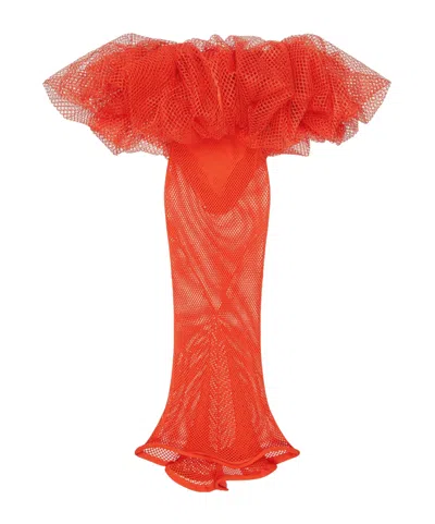 Givenchy Long Ruffled Dress In Mesh In Orange