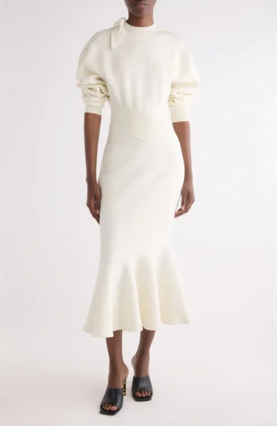 Givenchy Long Sleeve Bow Wool & Cotton Blend Trumpet Sweater Dress In White