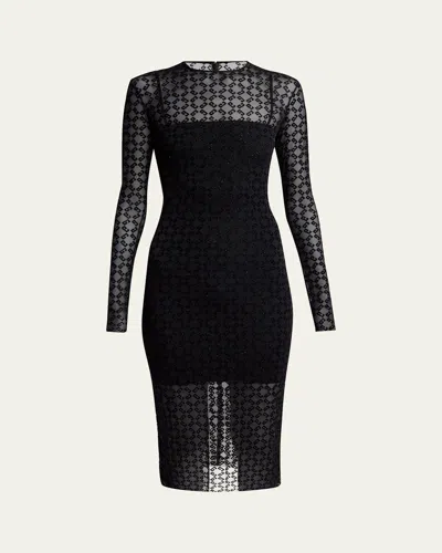 Givenchy Long Sleeve Tulle Monogram Midi Dress In Black Silvery