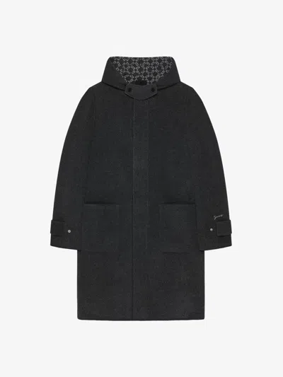 Givenchy Wool Hooded Coat In Dark Grey/grey