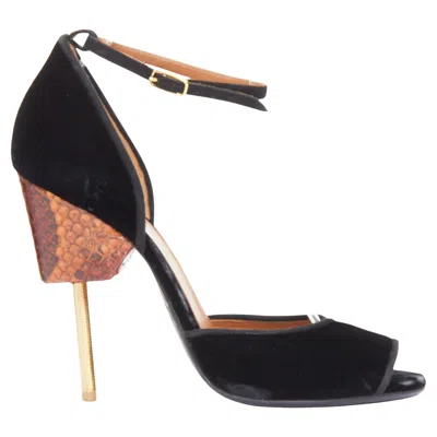 Pre-owned Givenchy Matilda Black Velvet Brown Snake Leather Metal Pin Heel Sandal Eu40
